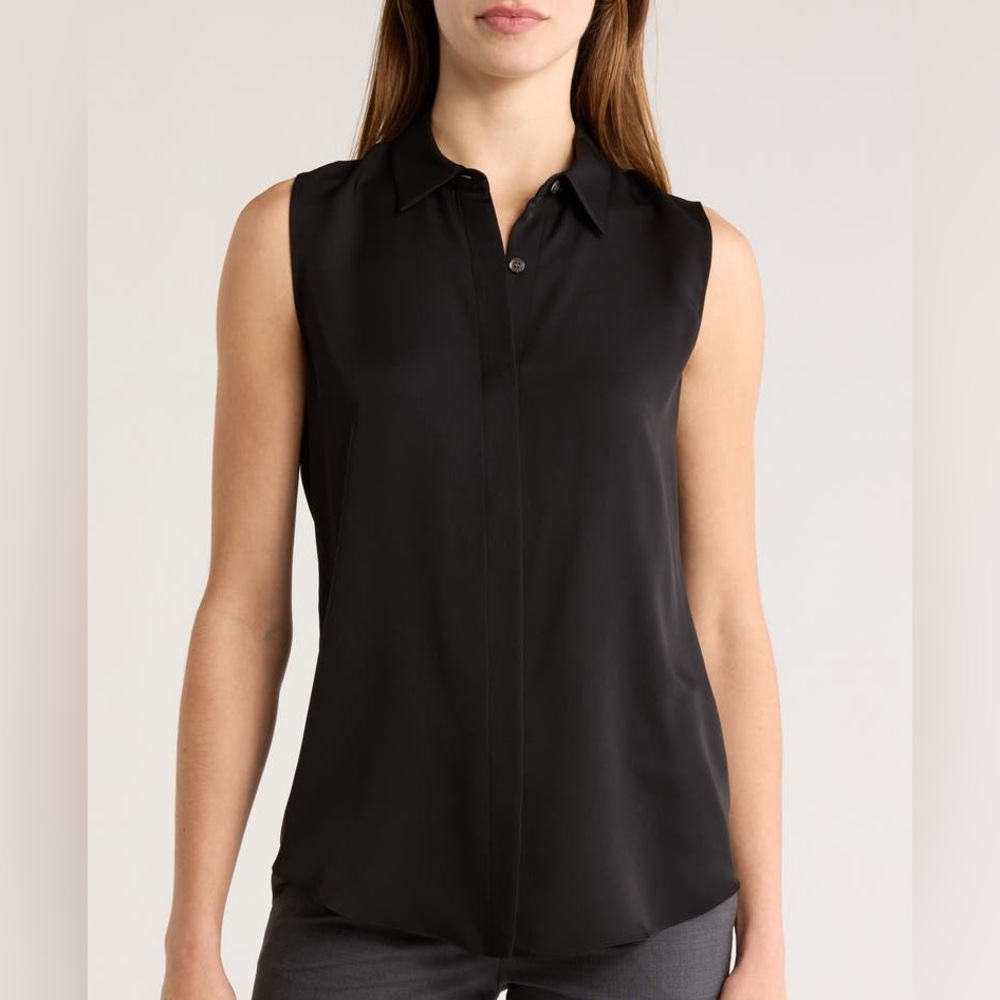 Theory Silk Georgette Sleeveless Button-Up Shirt in Black Size Large